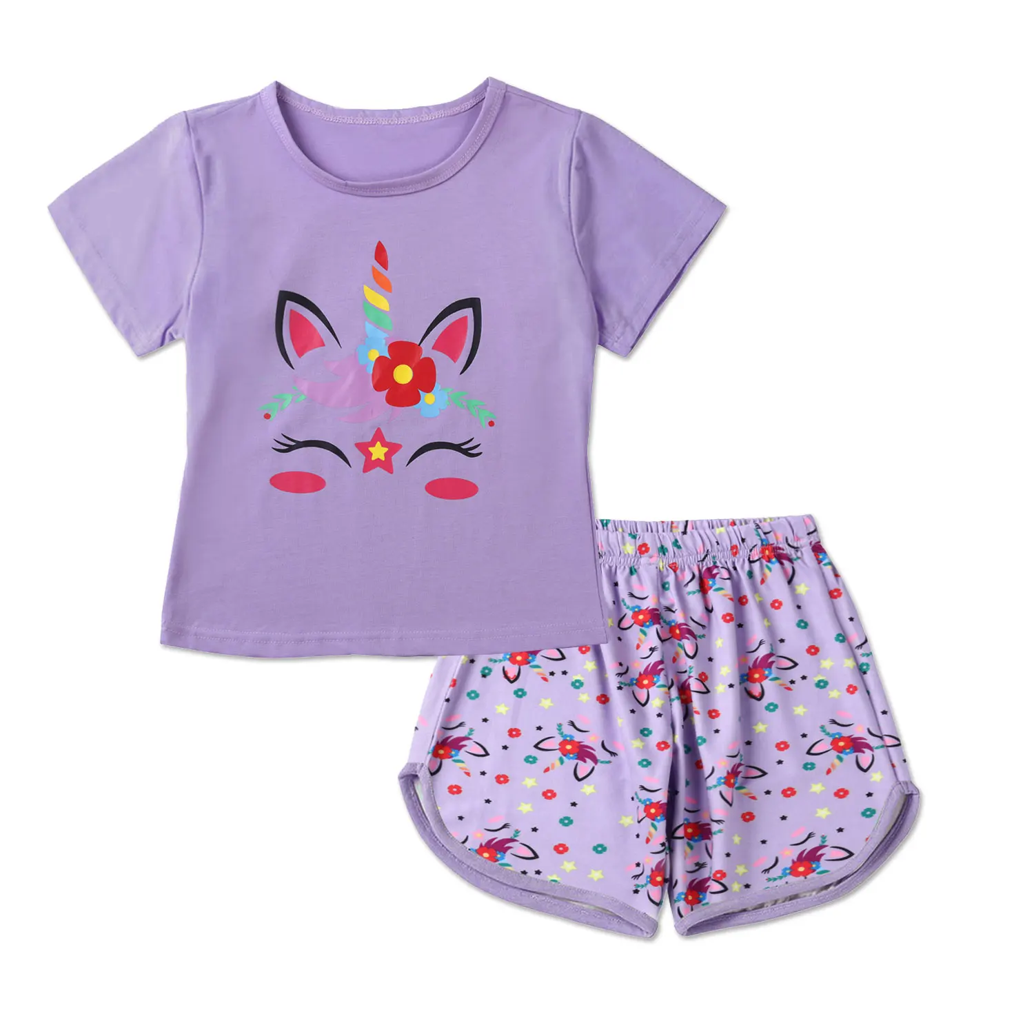 New Sleepwear Unicorn Cotton Pajamas for Girls Short Pants+Tops Suits Summer Home Clothing Kids Sleep Costume