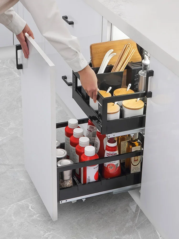 Kitchen Storage Accessories Pull Basket Kitchen Cabinet Stainless Steel Drawer Type Seasoning Basket Cabinet Layered Pul