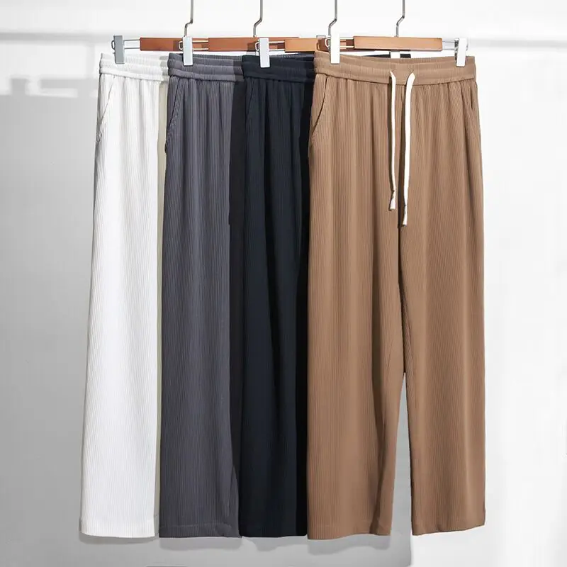 

Beige Light Summer Pants Men 2023 Stretch Fashion Casual Pants Jogger Solid Korean Thin Breathable Elastic Waist Black Striped
