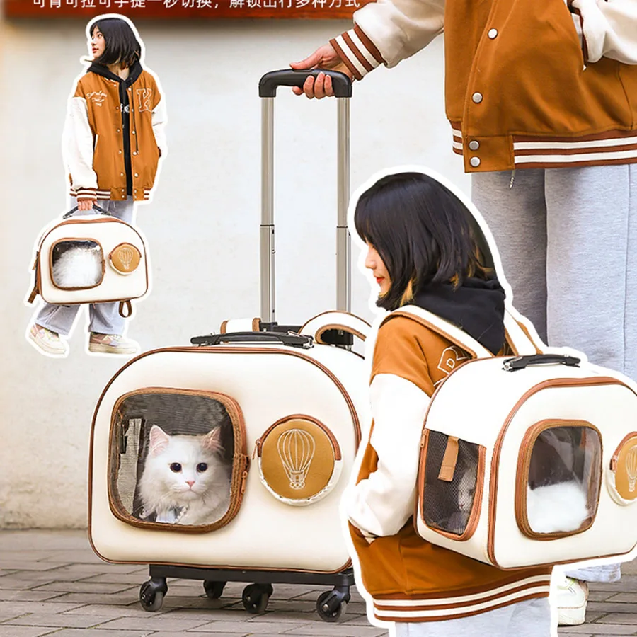 Designer Cat Carrier Cute Travel Luggage Case Breathable Cat Carrier Portable Outdoor Wheeled Hard Shell Bolsa Gato Pet Backpack