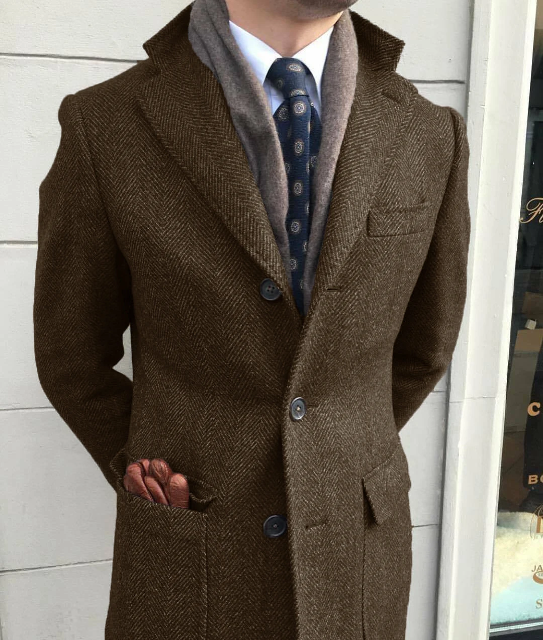 Men's Windbreaker Classic Herringbone Tweed Wool Blend Suit Jacket Winter Warm Long Coat Outdoor Sports Coat erkek mont 4