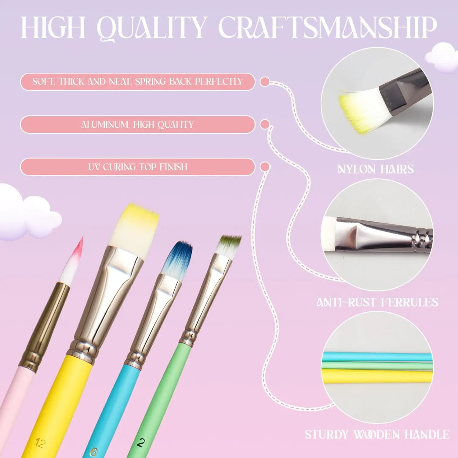 6pcs Professional Artist Paint Brushes Set - Fine Point, Wooden Handles, Nylon Round Pointed Flat Tips Multicolored Paint Brush 3