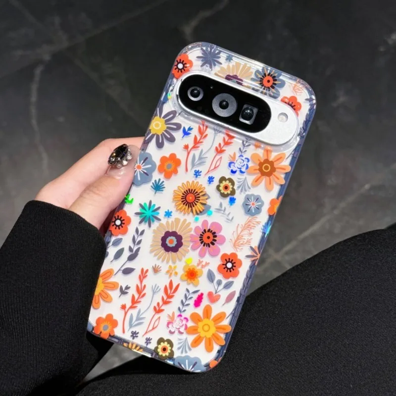 Laser Flower Reflective Shockproof Phone Case with Transparent Floral Print