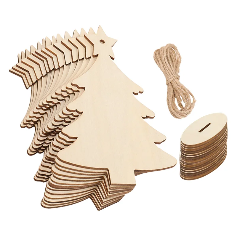 5-20pcs Unfinished Christmas Tree Ornaments with Wooden Base Ropes Kids Painting Crafts DIY Blank Xmas Tree Sign Home Decoration