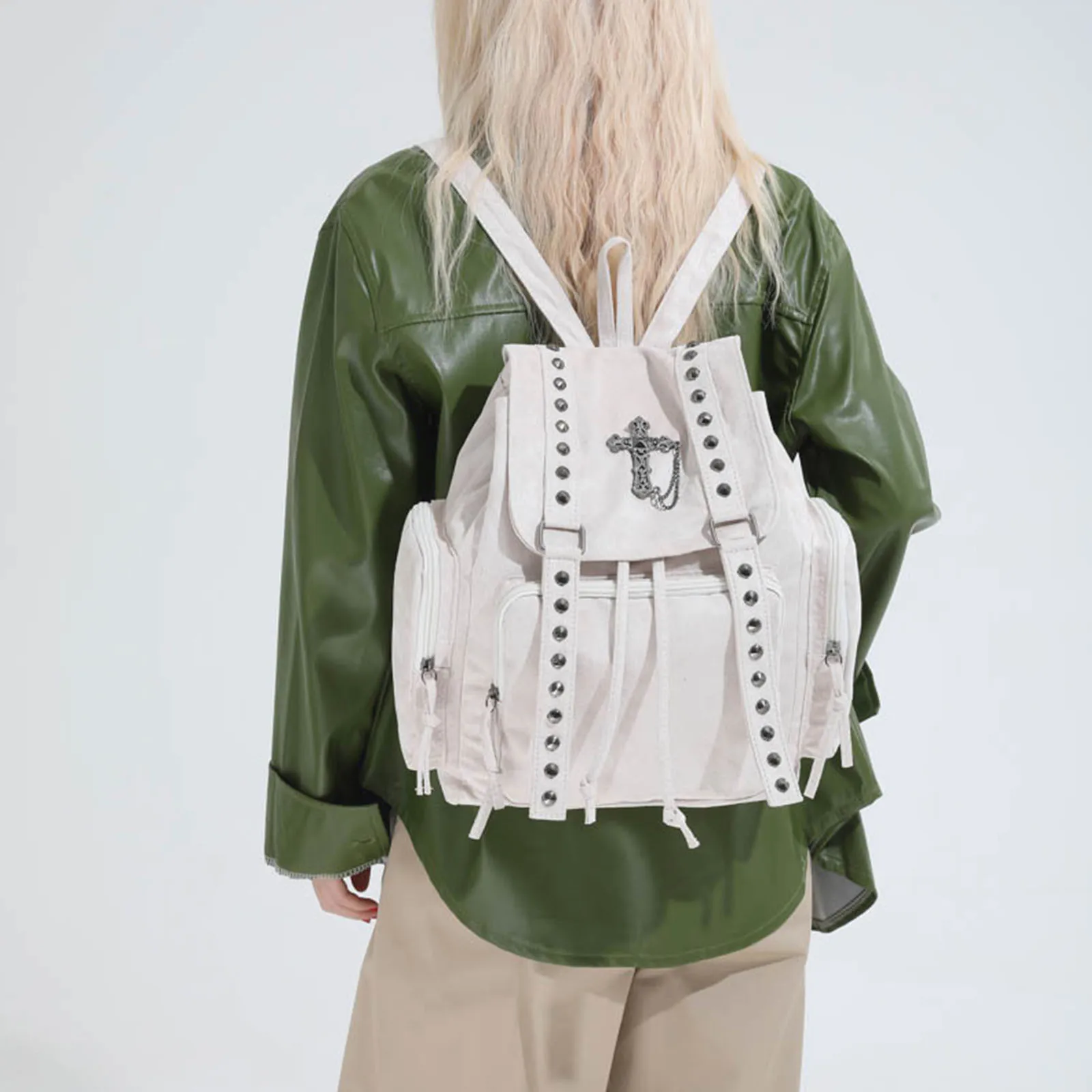 Gothic Punk School Backpack Drawstring Rivets Backpacks Commuter Bags with Cross Stud Design for Casual Travel and Daily Use