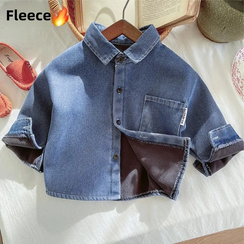 Thickened Fleece Lined Denim Shirt Jacket for Boys Autumn Winter Clothes Outerwear for Baby Boys Stylish And Handsome