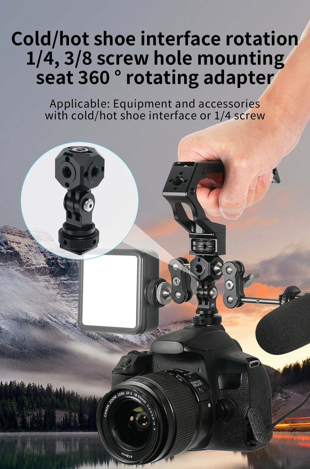 Kaltschuhhalterung Stativadapter 1/4 3/8 ARRI Loch für Gopro Insta360 Osmo 360 Action Kamerahalter SLR Käfig Mikrofon Licht Telefonständer – Detail 14