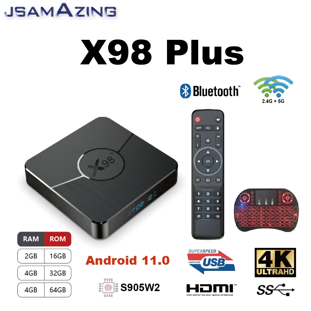 X98 Plus Android 11.0 Smart Tv Box 4K Amlogic S905W2 2G/4G 16G/32Gb/64Gb 3D Wifi 2.4G E 5G Supporto Ip E Tv Google Player Set Topbox