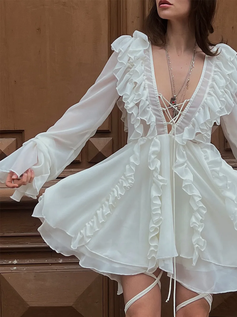 Bronladies Women's 2026 Summer New Ruffled Long Sleeve Dress Fashion V Neck Chiffon Lace-up Mini Dress