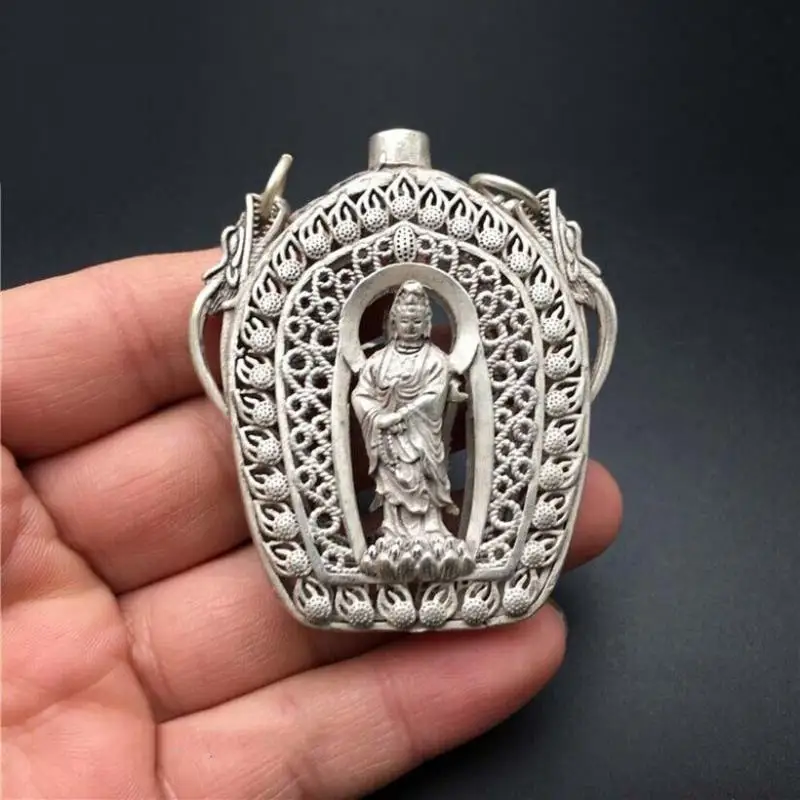 

Chinese Old Exquisite Tibetan Silver Hollow Carved Guanyin Sachet