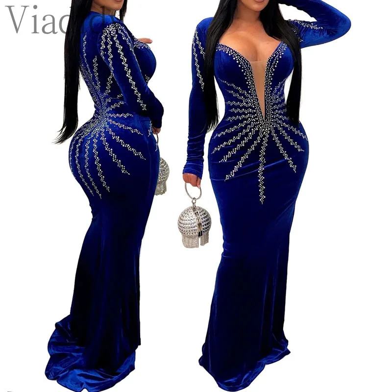 Women Sexy Velvet Mesh Rhinestone V-Neck Floor-Length Evening Party Dress Long Sleeve Back Zipper Mermaid Dresses