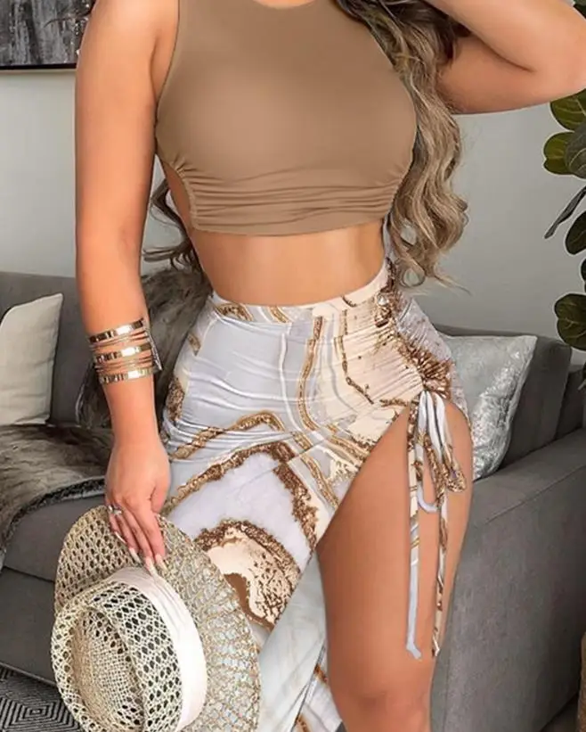 Two Pieces for Women 2024 Summer Vacation Sexy Fashion Drawstring Ruched O-Neck Crop Top & Marble Print Slit Shirring Skirt Set