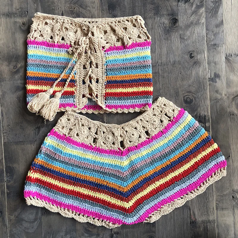 bathing suit bottom cover up 2022 Summer Fashion 2 Piece Women Knitted Crochet Bikini Matching Set Sexy Slash Neck Sleeveless Crop Tops Skirt Shorts Outfits bikini bottom cover up