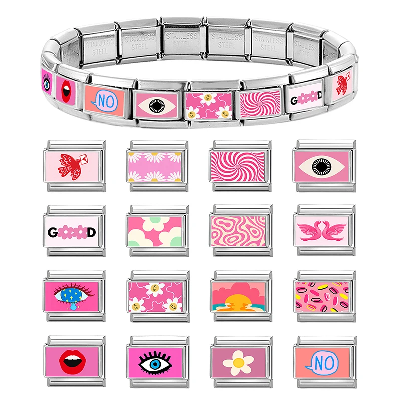 Pink Fashion Series 9mm Stainless Steel Charm Link Bracelet