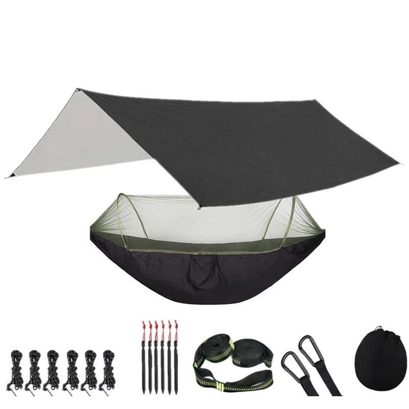 Portable Parachute Outdoor Camping Hammock with Mosquito Net and 118x118in Rain Fly Tarp,10-ring Tree Strap Hammocks Swing 