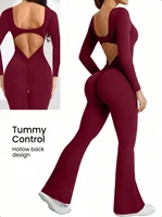 High quality solid color long sleeved compression exercise jumpsuit women's sportswear bell bottom pants sexy push up yoga set - Image 2