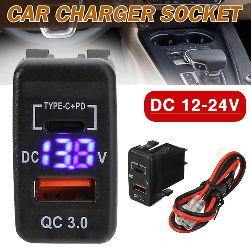 MAYITR 1pc DC 12 24V Car Dual USB Charger Volt Meter Portable Fast Charging Typc C + PD Charger