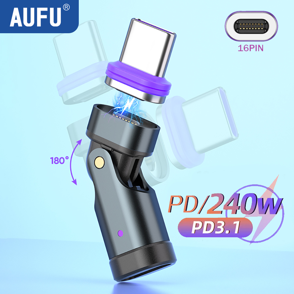AUFU 240W USB Type C to USB C Magnetic Adapter 16pin 180 Degree Fast Charging USB C Female Converter for iPhone MacBook Laptop