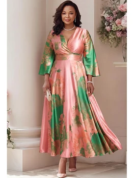 Women's Plus Size Satin Floral Maxi Dress V-Neck Flare 3/4 Sleeves High Waist A-Line Skirt Elegant Formal Evening Dresses