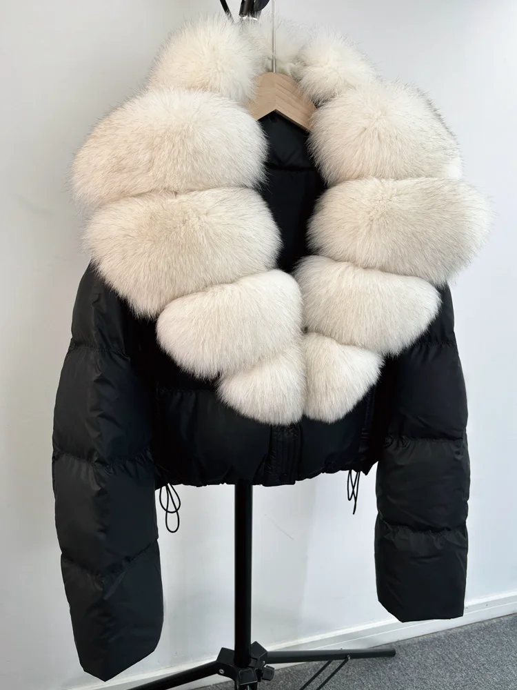 Janveny Large Natural Fox Fur Collar 90% White Duck Down Jacket Women Winter Short Waterproof PU Puffer Coat Female Thick Parkas 4