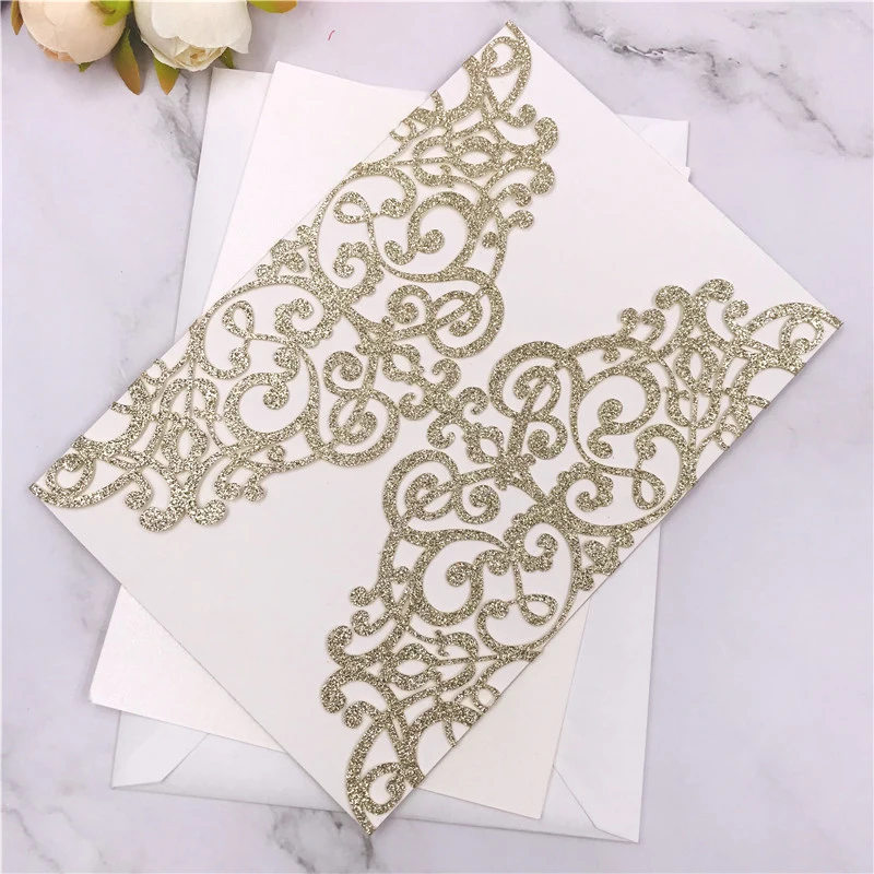 10PCS Laser Cut Blue Glitter Wedding Invitations with Ribbon – Elegant Gold Glitter Gre... - SKU LCIC0857 - UGI Packaging