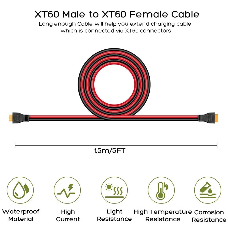 12AWG 1.5m/5FT XT60 Male to Female Cable for ALLPOWERS R600 R1500 R2000 Ecoflow River/Delta Anker Solar Generators terminal connector extension cable