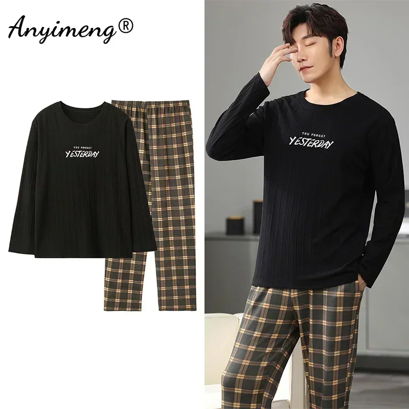 Big Size Men Pajamas Autumn Winter Chic Gentleman Pjs Fashion Mens Casual Sleepwear Plaid Pants Cotton Pijama Set for Pajama Sets