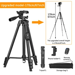 Professional 60 Aluminum Portable Tripod with Travel Bag and Remote for Camera and Smartphone (Upgraded Model)