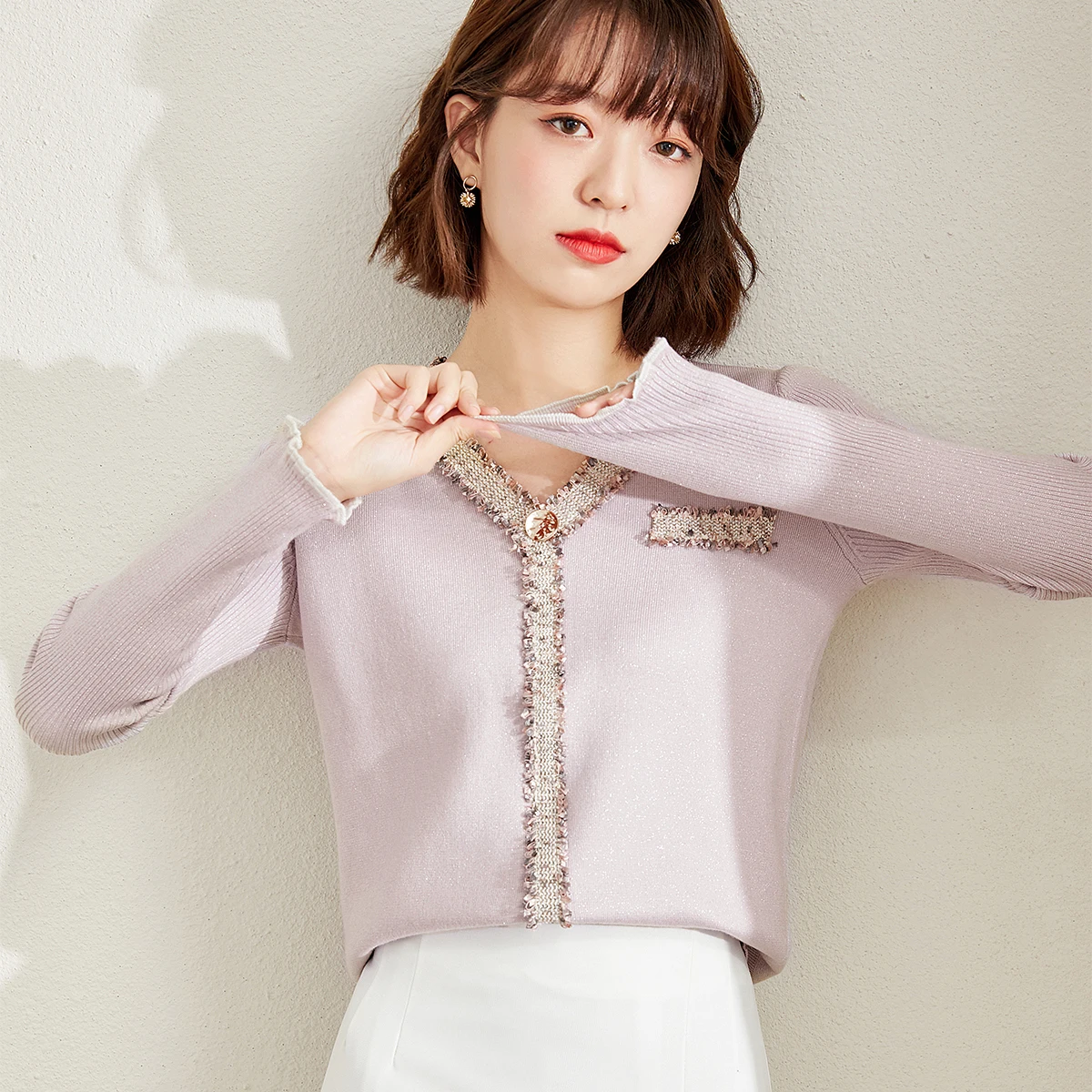 

Fashion Spliced V-neck Long Sleeve Apricot Pink Sweater Knit Tops Pullovers Autumn Winter Women Elegant Slim Knitwear Lady B1061