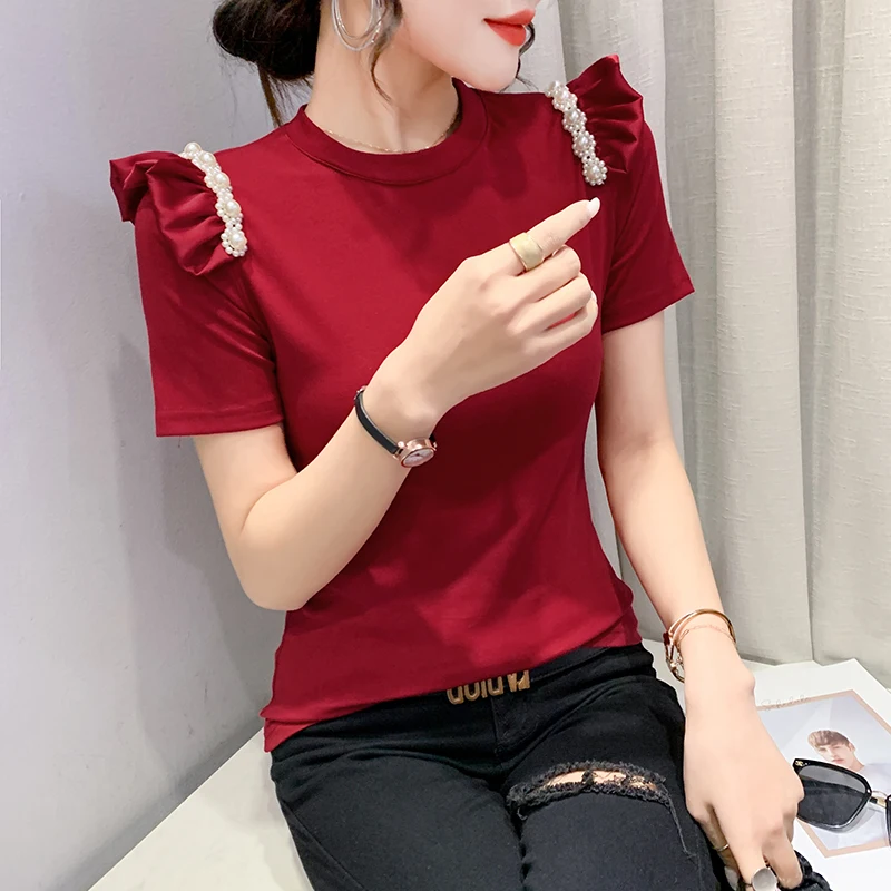 

Summer Black T shirt 2022 New fashion Pearl Casual Cotton shirt Solid Ruffles Women Tops