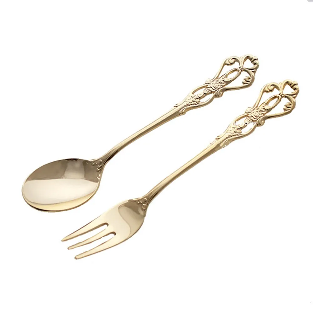 

2xVintage Gold Spoon Fork Cutlery Set Stainless Steel Luxury Dessert Spoon Outdoor Tableware Dessert Fork Kitchen Tool Teaspoon