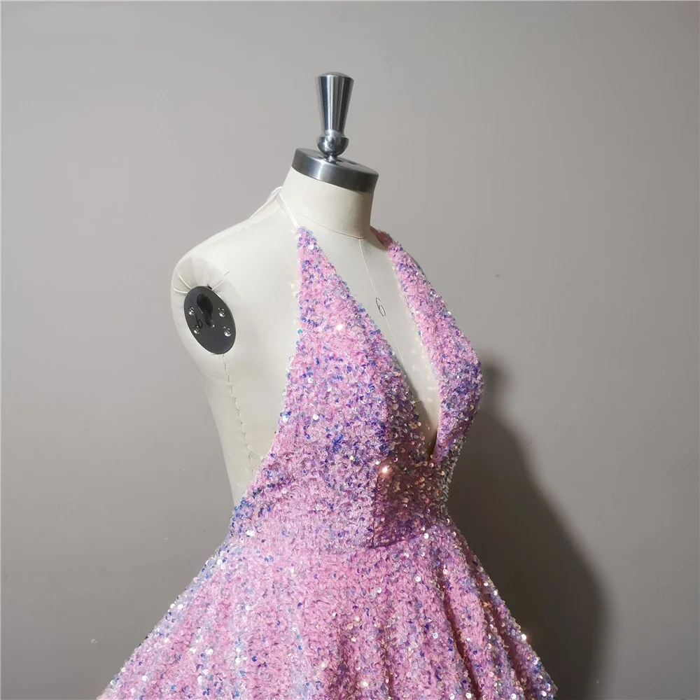 Sexy Backless Sink Miniskirt Deep V-neck Sleeveless Sequins Cocktail Dress Layered vestidos de fiesta elegantes para mujer