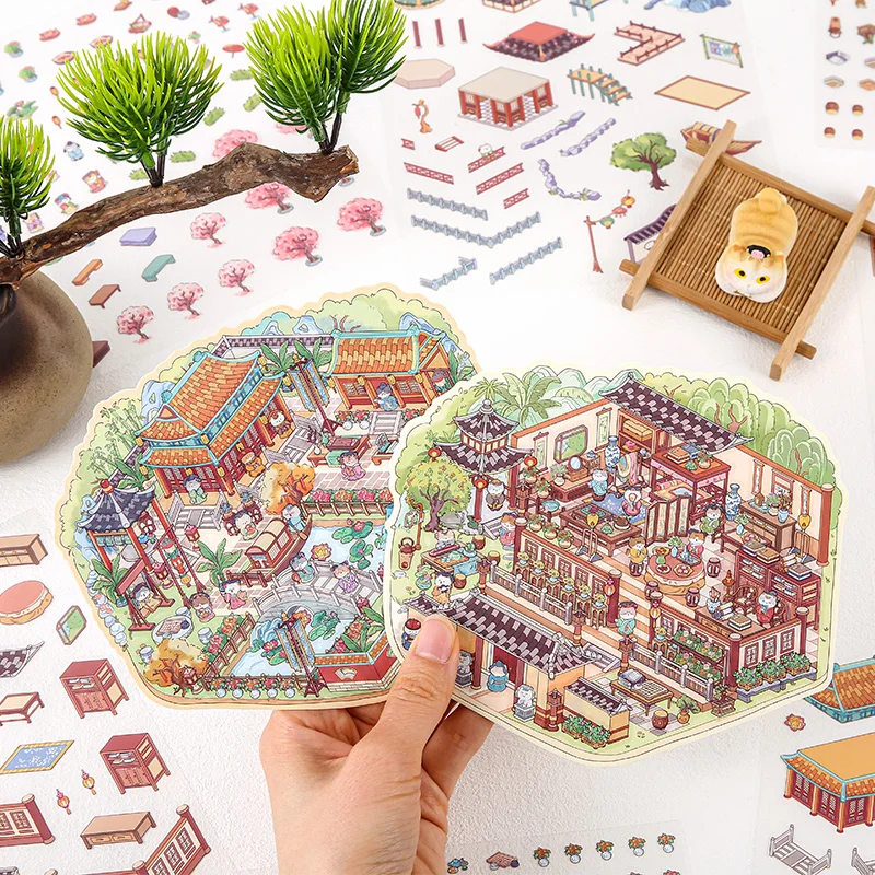 Kawaii 고대 건축3D 캐빈 장면 스티커 풍경 스티커 DIY 포켓 캐빈 장면 축제 휴일 선물
