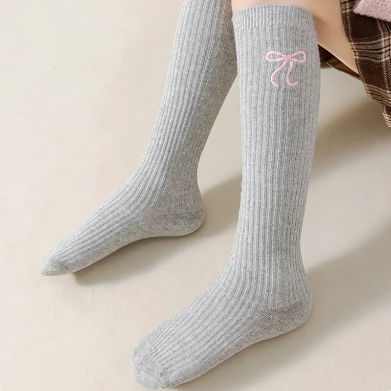Baby Children Korean Knee High Long Socks for Girls Sweet White Bow Jacauard Cotton Legging Stocking School Sock for Kids Tights