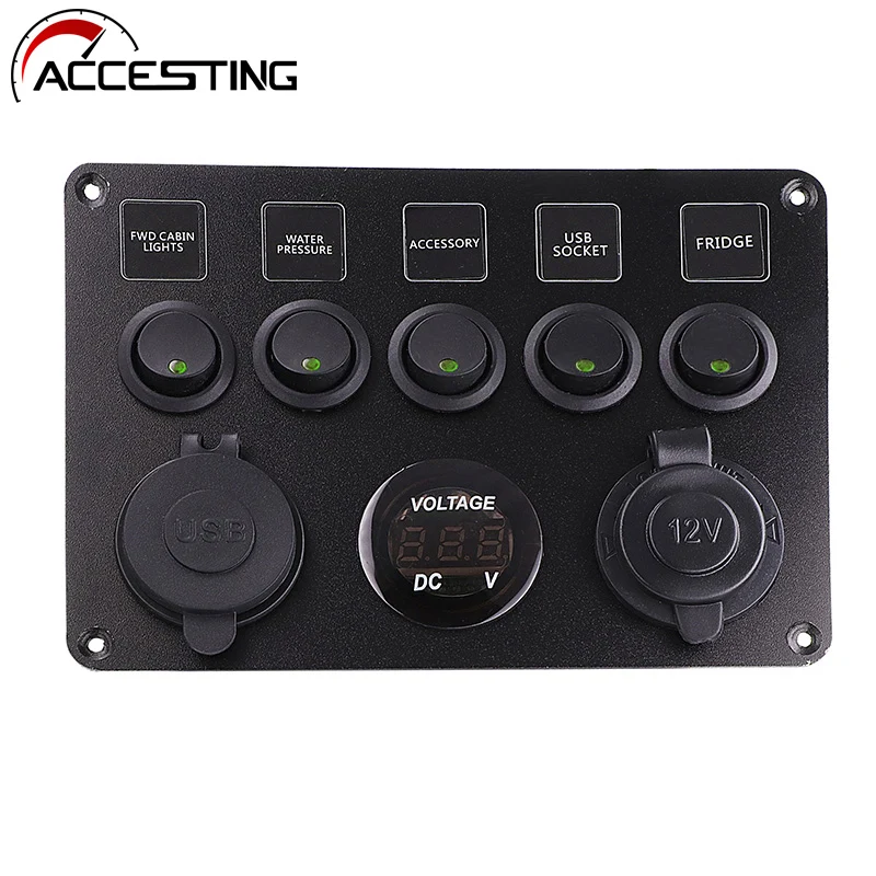 LED Rocker Switch Panel With Digital Voltmeter Dual USB Port 12V Outlet