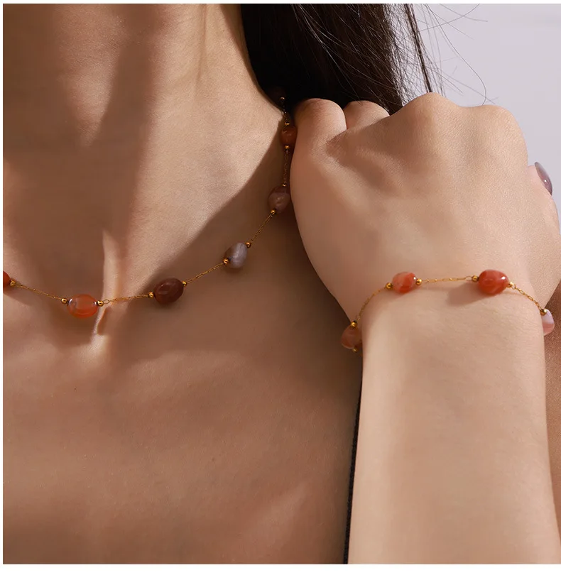 Trendy Wunderschöne Natur Steine Edelstahl Halskette Armband Set für Frauen Casual Kragen Kette Charme Weiblichen Schmuck – Detail 6