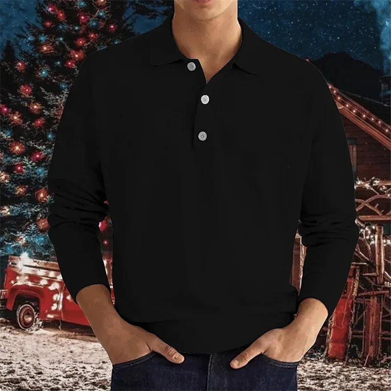 Polo shirt Men's Long sleeve POLO shirt Solid color Lapel button Office commuter Business casual Pullover Fashion sports T-shirt S-3XL