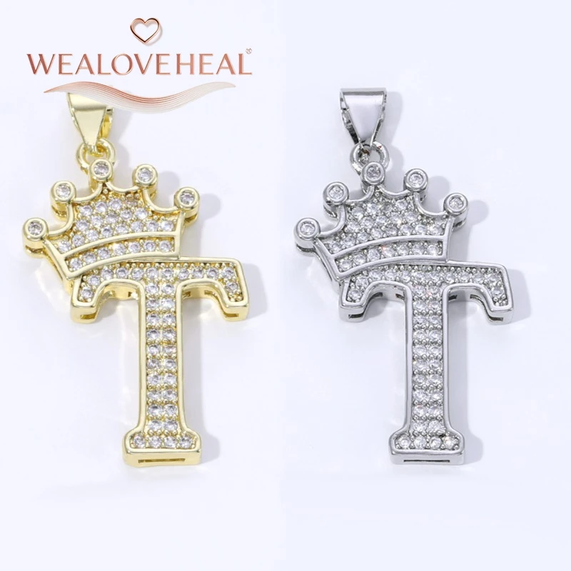 18K Vergoldeter Messing A-Z Kronen-Initial-Anhänger, mit Zirkonia besetzt, 26 Buchstaben-Charms für DIY Halsketten und Schmuckherstellung – Detail 38