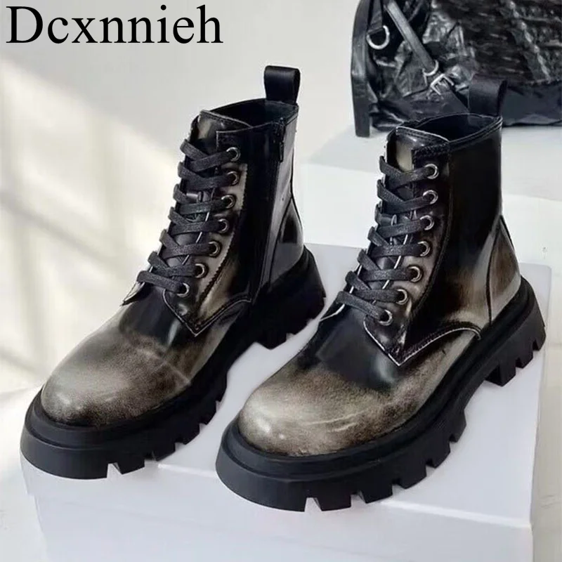 

2023 Genuine Leather Lace Up Platform Ankle Botas Women Anti-slip Thick Sole Motoecycle Boots Autumn Ladies Handsome Short Boot