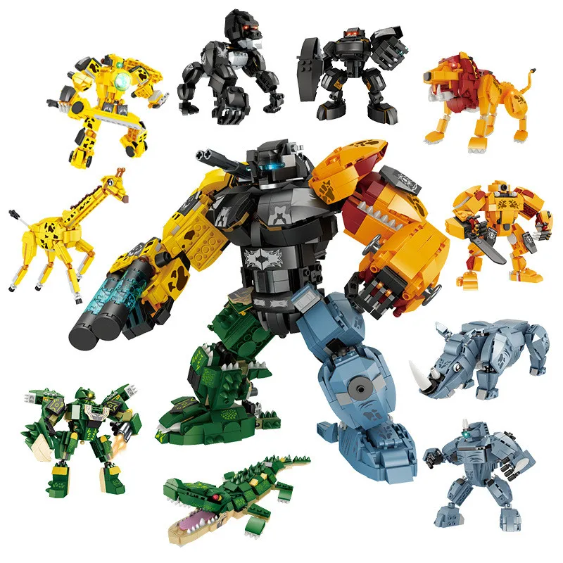 

2 in 1 Transformation Animal Giraffe Lion Rhinos Mecha Block DIY 5 in 1 Deformation Robot Building Brick Toy For Boy Children