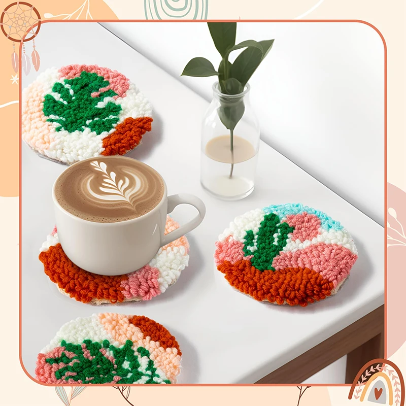Punch Needle Embroidery Kit 22Pcs Punch Needle Embroidery Kit DIY Stitching Coasters Needlecraft Boho Pattern Tufted Rug Pads with Felt Yarns for Beginners