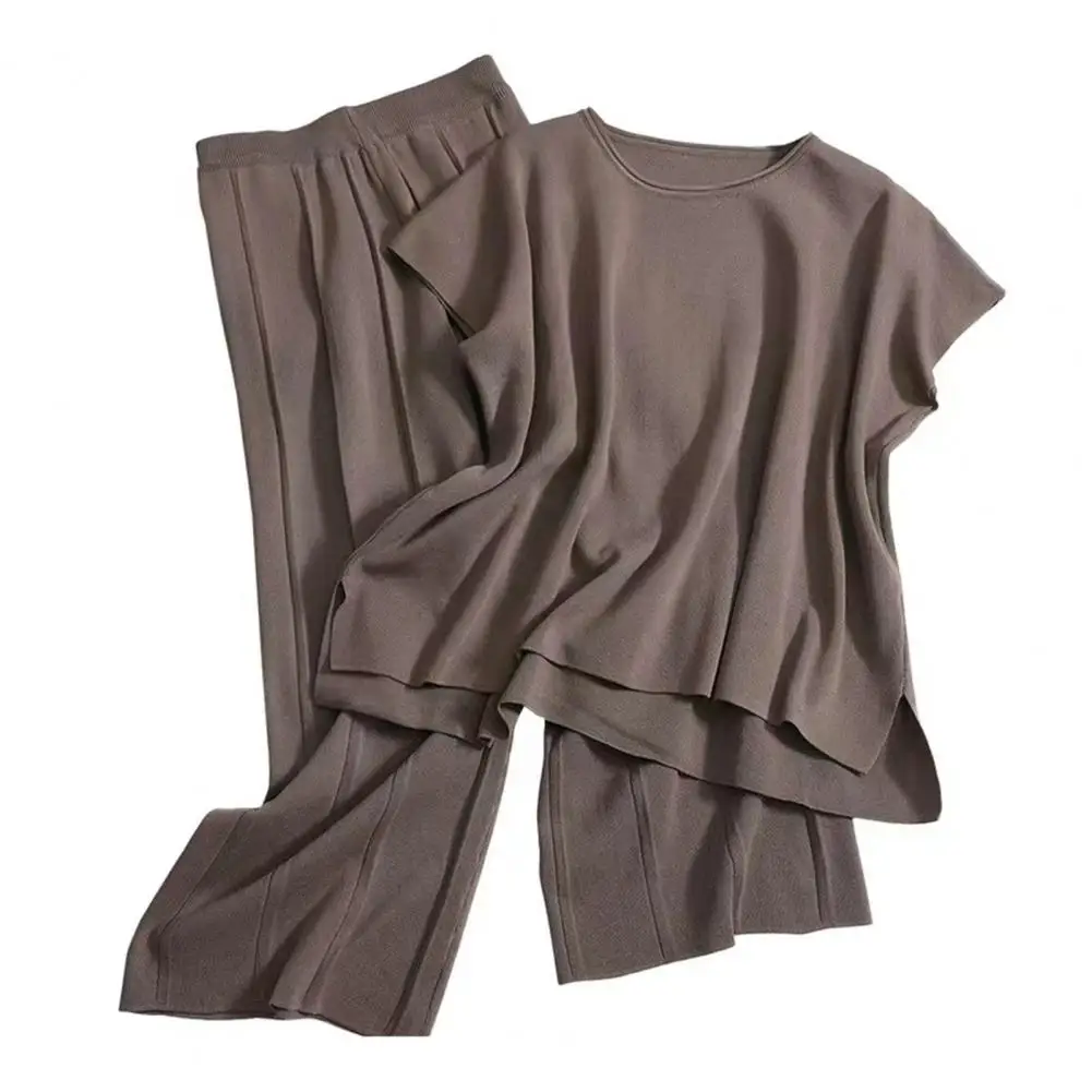 

Женский летний комплект из жилета и брюк, однотонный эластичный Топ без рукавов с круглым вырезом и широкие брюки с асимметричным подолом