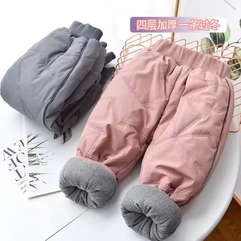 

2023 New Autumn Winter Children Leggings Warm Pants Boys Girls Down Cotton Trousers Kids Elastic Waist Thick Children's Clothes