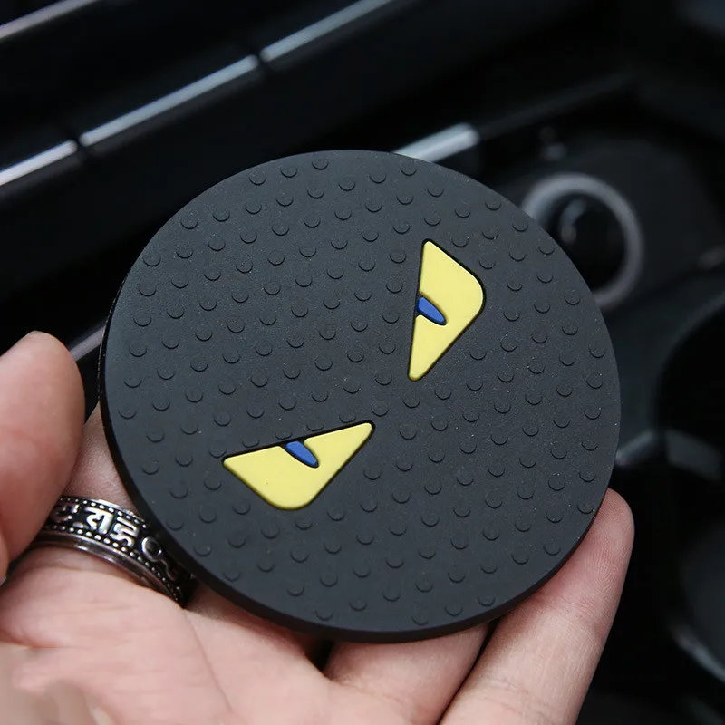 1Pair Car Water Coasters Cartoon Cute Monster Non-slip Insulation Pad Silicone Round Cup Groove Mat Car Interior Accessories