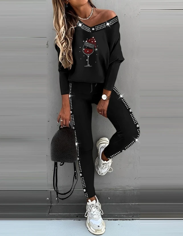 Two Piece Set for Women 2023 Autumn Long Sleeve Christmas Rhinestone Wine Glass Pattern Top & Fashion Casual Slim Pants Suit 2023 autumn rhinestone angel wings pattern v neck tops and drawstring cuffed pants set for women daily commuting