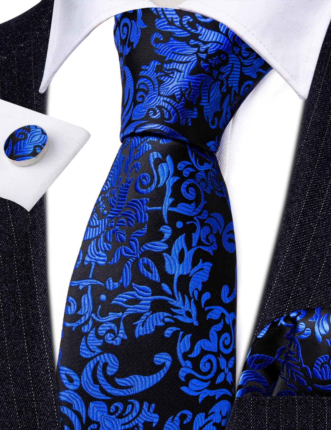 

Fashion Royal Blue Silk Men Tie New Floral Jacquard Necktie Kerchief Cufflinks Set Wedding Birthday Party Buesiness Barry.Wang