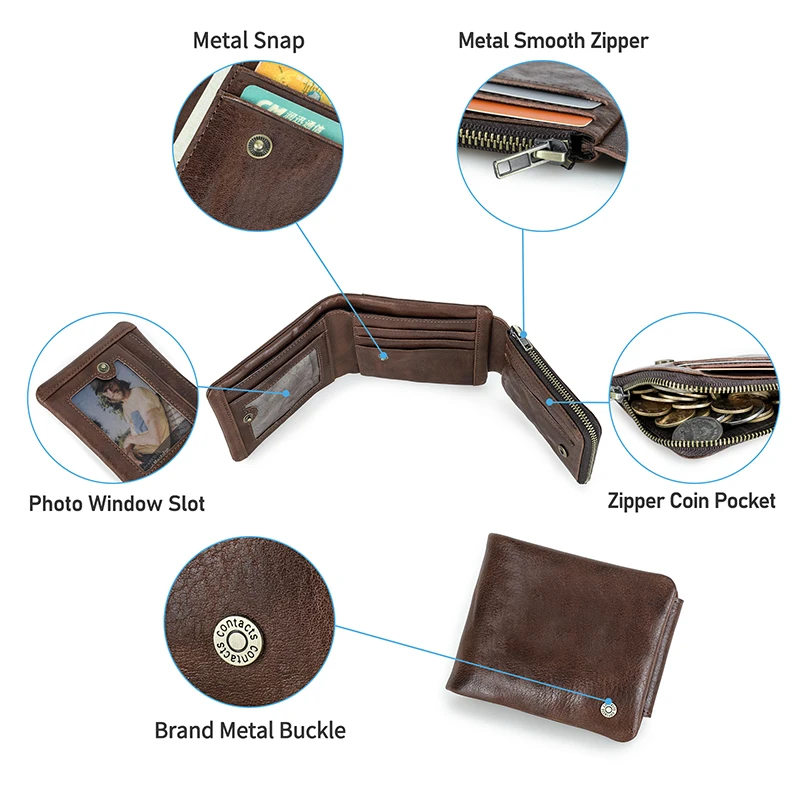 CONTACT'S Genuine Leather Men Wallet Small RFID Casual Trifold Short Wallets Zipper Coin Pocket Male Card Holder Purse 6