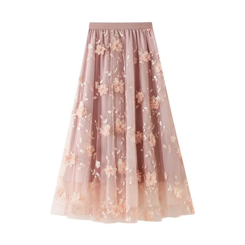 Female Skirt Mesh Embroidery Skirt Large Size Gauze 2024 Spring New A- line Pleated Artistic High Waist Long Skirts For Women