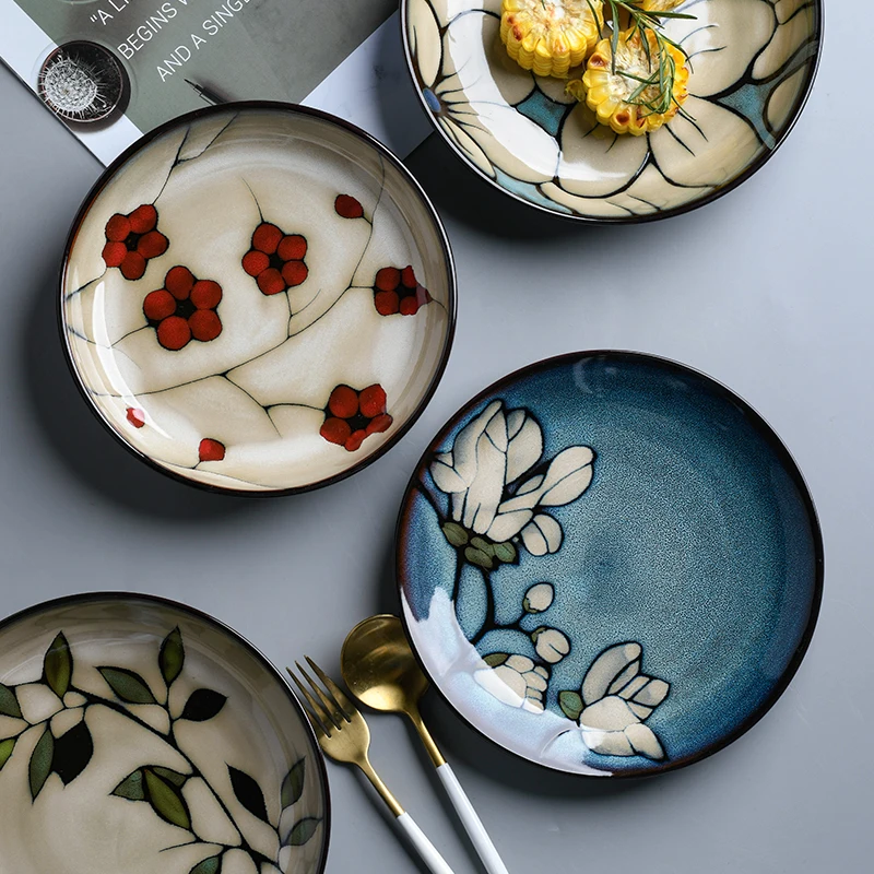 8 inch Vintage Handpainted Floral Plates Underglaze Ceramic Round Serving Dinner Plate Dish Retro Home Decor Kitchen Dinnerware