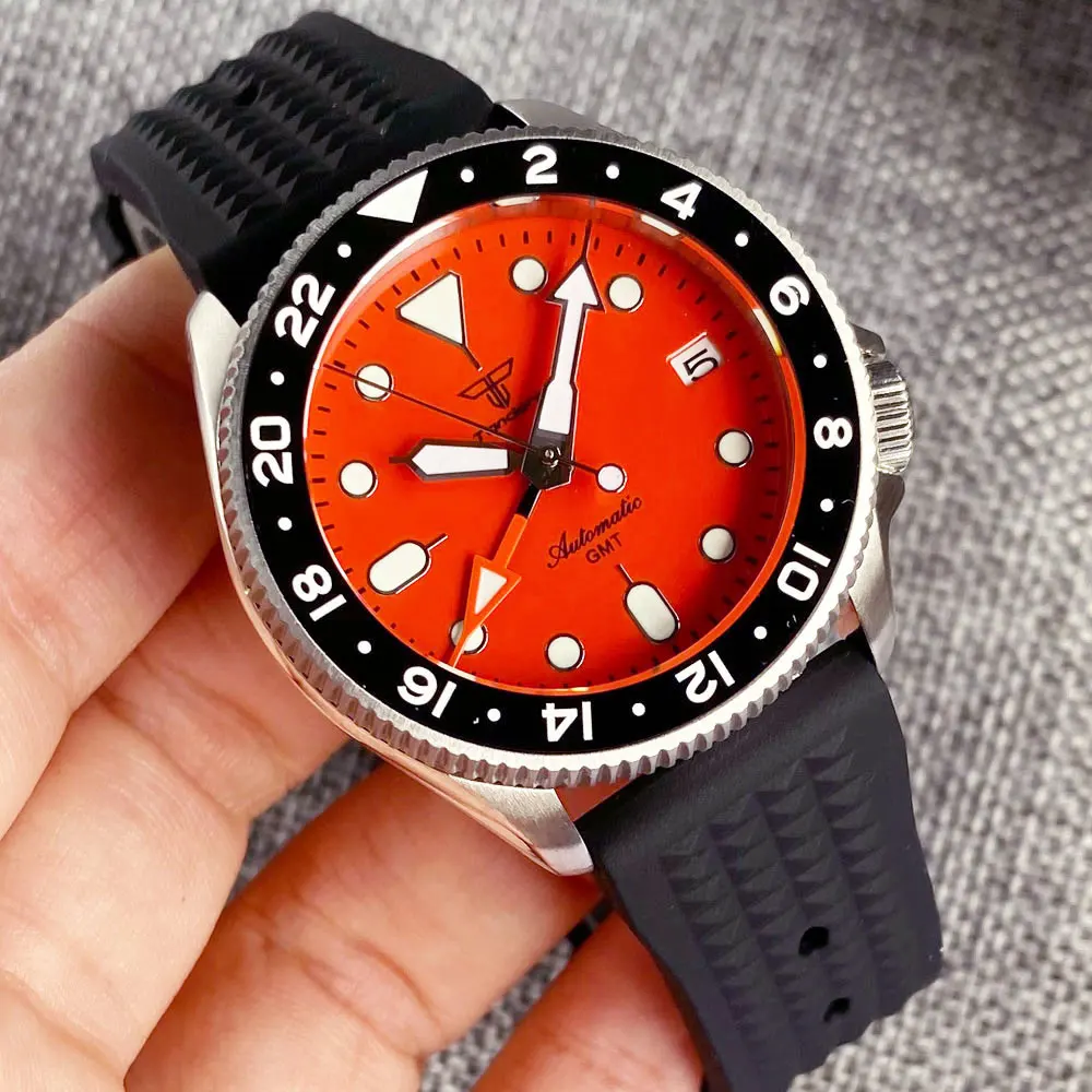 男性用自動時計,37mm,オレンジダイヤル,24時間,20時間,耐水性,クラウン 